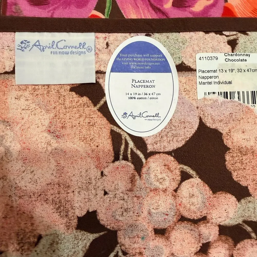 April Cornell Set of 4 Floral Cotton Placemats 14x19 Pink Chardonnay Chocolate
